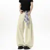 Pañuelo Cuadrado Estilo Americano Jeans de Cimitarra Deconstruidos para Hombre, Verano Holgado Diseño Retro Pierna Recta Versátil Pierna Ancha Pantalones Largos