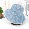 Sombrero de pescador de mezclilla bordado floral para mujer de primavera y verano, lavado, protección solar, estilo callejero casual, con bordes deshilachados