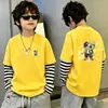 Camiseta de manga larga estilo coreano para niños, colección otoño 2026, look elegante y genial para niños, top de algodón puro a la moda para niños con diseño de dos piezas falsas