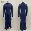 Coleção Outono/Inverno 2026 transfronteiriça europeia e americana: vestido longo estiloso e elegante, patchwork, assimétrico, cauda de peixe para mulheres