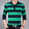 Camiseta de manga larga para hombre de primavera y otoño, holgada, con solapa, a rayas, para usar debajo, bolsillo real, talla grande, top casual para hombre
