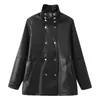 Comercio Exterior Otoño e Invierno Nueva Ropa de Mujer Moda Europea y Americana Sencilla Cuello Alto Cintura con Cordón Manga Larga Longitud Media Chaqueta de Cuero