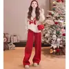 Conjunto de Roupa Primavera 2026 para Mulheres, Estilo Preguiçoso Suéter Vermelho Jacquard com Pônei e Calça Wide Leg de Cintura Alta Conjunto de Duas Peças para Mulheres