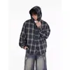 Nueva Camisa con Capucha a Cuadros Bloque de Color Retro Americano para Hombre Otoño/Invierno 2026, Camisa Casual Holgada de Moda para Hombre
