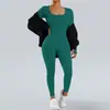Macacão de Yoga Completo Europeu e Americano Transfronteiriço Calças de Manga Longa Malha de Alta Elasticidade Respirável Cor Lisa Design de Gola em U