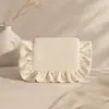 Bolsa de maquillaje de pana de color sólido crema con encaje fruncido amigable con la piel de pana gran capacidad bolsa de almacenamiento de maquillaje de viaje color piel