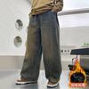 Calças forradas de lã para meninos 2024 Novo Grande Inverno Infantil Lã de Uma Peça Jeans de Perna Larga Elegante Outono e Inverno