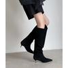 Botas Americanas Slimming de Cano Longo com Salto Médio Apontado em Camurça, Modelo Wide-Leg Empilhado, Cor Sólida, para Mulheres