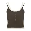 Camisola de Modal de Primavera y Otoño Cero Carbono con Bloques de Color, Botones y Copas Integradas, Corte Ajustado, Capa Base Falsa de Dos Piezas para Mujer 25226