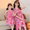 24 Vestido de Noche de Verano para Padres e Hijos Algodón Seda Madre e Hija Mediano y Grande Niños Bebé Vestido para el Hogar Estampado Tirante Vestido Base Camisón