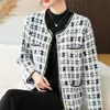 Casaco Cardigan Perfumado Novo Estilo Francês para Primavera e Outono 2026 para Mulheres, Macio Tricô Imitação de Visão Xadrez