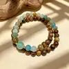 Pulseira de Contas Duplo Círculo com Pedras Preciosas Múltiplas de Sândalo Verde Natural para Mulheres, Contas de Oração de Pedra e Madeira Naturais, Joia de Mão Cultural e Criativa