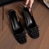 Sandalias Negras Estilo Francés con Moño en la Espalda para Mujer, Nuevo Modelo Verano 2026, Sandalias de Tacón Grueso con Pedrería y Punta Cerrada