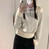 Suéter de tricô com amarração, gola e listras, estilo coreano, para mulheres, novo modelo de primavera e inverno, jovem, doce, versátil e bonito