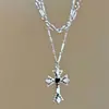 Colar Corrente Clavicular Europeu e Americano Hip-Hop Diamante Camada Dupla Pingente Cruz Borla Feminino Estilo Dark Retrô Personalizado Combina com Tudo