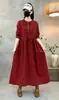 Nuevo Vestido Vintage de Algodón y Lino con Estampado Floral para Mujer, Temporada Primavera y Otoño, Corte Holgado con Cuello Alto de Encaje y Cintura con Cordón