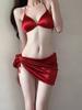 Retro Europeo y Americano Spice Girls Rojo Vino Perlado Satín Bikini Blanco Sexy con Aro Traje de Baño Vacaciones en Aguas Termales Mujer