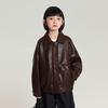 Chaqueta Infantil Pudding Haru Chaqueta de Cuero con Textura Retro para Niñas Nueva Temporada Otoño 2025 Chaqueta de Cuero Atractiva para Niños