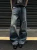 Venta al por mayor de fábrica Jeans Retro Americano con Patrón Ondulado Rasgados Pierna Curva Marca Trendy para Hombre Pantalones Anchos Holgados Estilizadores de Piernas de Largo hasta el Suelo