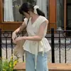 Las tallas se han actualizado. Blusa Versátil de Verano Estilo Coreano, Fresca, con Cordones Cruzados en V, Ceñida a la Cintura, Adelgazante