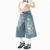 Pantalones Capris de Mezclilla con Graffiti Divertidos Americanos para Hombres y Mujeres, Shorts de Pierna Recta con Diseño de Marca de Moda de Verano, Pantalones Sueltos Casuales de Longitud Media