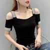 Camiseta de manga corta con cuello y hombros descubiertos para mujer, estilo europeo, de verano 2025, con perforación en caliente, para industria pesada