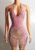 Traje de Festa Sonhador, Comprado em Loja, Corrente Brilhante de Strass, Decote em V, Costas Nuas, Saia Curta, Sexy