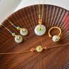 Brincos Folha de Lótus Antigos com Imitação de Hanfu Jade Hetian Fivela de Segurança Colar Pulseira Anel Brincos Conjunto Vintage