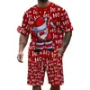 Conjunto de camiseta casual de corte holgado y pantalones cortos con estampado digital 3D temático de Navidad, superventas transfronterizo europeo y americano