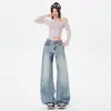 Jeans de pierna ancha sueltos de tiro bajo, sin elasticidad, con dobladillo curvo lavado, estilo americano, nuevos y de alta resistencia, para mujer en azul vintage