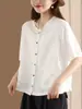 Cárdigan Artístico Vintage Camisa de Algodón y Lino, Nuevo Estilo Primavera/Verano con Diseño de Bolsillo, Camisa Casual de Manga Corta Estilo Étnico para Mujer con un Toque de Elegancia