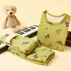 Pijama infantil com forro de fleece, espessado, estampa de desenho animado, e roupa de casa, conjunto de roupa íntima térmica para meninos e meninas