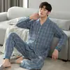 Pijama 100% Algodón Puro para Hombre Primavera y Otoño Traje de Manga Larga Cárdigan Tallas Grandes Ropa de Casa Ligera para Usar Afuera Verano