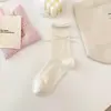 Meias de Algodão Penteado Finas de Verão Cor Creme Recorte Botão Fita de Fada Laço Meia de Cano Médio Feminina Algodão
