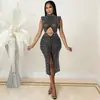 C5796 Transfronterizo Aliexpress Amazon Moda Sexy Malla Transparente Pedrería Hueco Abertura Vestido Ropa de Mujer