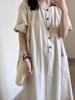 Vestido Camisa Bege de Algodão Linho Feminino Verão Estilo Japonês Vestido Artístico