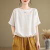 2026 Nuevo Estilo Ropa para Madres Cuello Redondo Algodón y Lino Top Blusa Elegante Estilo Chino Ropa de Té Camiseta de Lino de Media Manga para Mujeres Verano