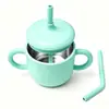 Taza de Snacks para Niños de Acero Inoxidable, Asa Portátil, Taza con Pajilla de Doble Oreja, Tapa Suave a Prueba de Polvo, Dibujo Animado Lindo para Bebé