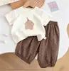 Lindo Conjunto de Verano para Niñas, Camiseta de Manga Corta con Estampado de Oso + Pantalones de Puntos Conjunto de Dos Piezas para Bebés de Guardería