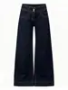 Jeans Retro Lavados Originales de Mezclilla Azul Oscuro Micro-Campana para Mujer de Estatura Pequeña Cintura Baja Cintura Alta Adelgazantes Pierna Ancha Pantalones Largos hasta el Suelo