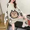 Estilo coreano otoño e invierno Nuevo suéter de punto para mujer estilo perezoso holgado combinación de colores gato de dibujos animados jacquard cuello redondo suéter mujer