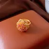 Anillo abierto de flor de circón bañado en oro real de 24 quilates, sensación de nicho de alta gama, joyería versátil de estilo de corte europeo y americano