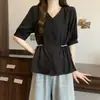 Camisa de Manga Corta para Mujer Nueva de Verano, Corte Delgado, Tallas Grandes, Diseño Holgado, Efecto Rejuvenecedor, Ceñida a la Cintura, Top Versátil para Mujer