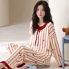 Conjunto de Pijama Feminino 100% Algodão para Primavera e Outono, Manga Longa Calça Longa, Pode Ser Usado Fora de Casa, Estilo Coreano Casual Listrado Conjunto de Roupa de Casa