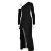 Vestido feminino transfronteiriço europeu e americano, novo, manga comprida, gola inclinada, elegante, sexy, sexy, sem costas, fenda alta, saia longa
