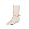 Botas de Cuero Genuino de Media Caña para Mujer, Estilo Francés, Vacuno Perezoso, Forro de Ante, Aumentadoras de Altura, Cuña de Tacón Alto, Hebilla de Cuero, Otoño e Invierno 2025