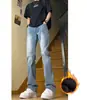 Jeans azul retro com veludo espesso para outono e inverno, marca nova da moda masculina, elástico, corte slim, perna reta com leve alargamento