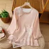 Camisa retro de algodón y lino bordada de manga tres cuartos estilo chino para mujer, cuello diagonal de verano con cierre de botones, blusa modificada inspirada en el Zen, top de lino