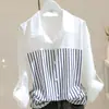 Camisa Informal Versátil de Retazos Rayada con Cuello Campana, Mangas Enrollables, Hombro Caído, Corte Holgado, Top Informal - Transfronterizo Europeo y Americano Amazon