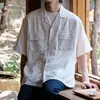 Cityboy Verano Hueco Estilo Japonés Holgado Cuello Cubano Ropa de Trabajo Camisa de Manga Corta Nicho Artístico Camisa Casual para Hombre